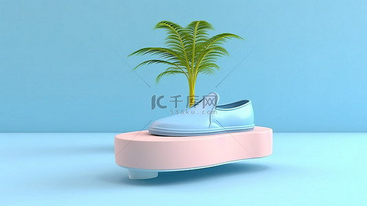 简约时尚鞋子背景图片_柔和背景下蓝色鞋的创新简约夏季概念 3D 渲染