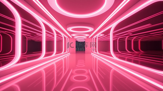 带霓虹灯的柔和粉红色房间，虚拟现实抽象背景，具有 3d 渲染的发光线和隧道