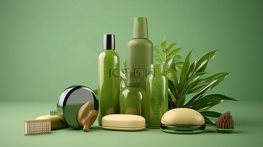 绿色背景模型上展示的自然灵感美容产品的 3D 插图