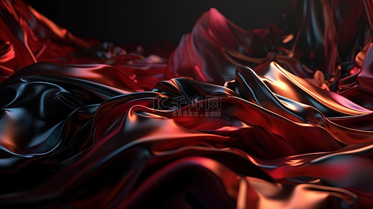 抽象艺术时尚背景红色和深色布料在 3D 渲染中带有虹彩箔