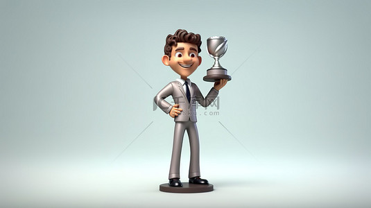一名员工自豪地握着奖杯的 3D 插图