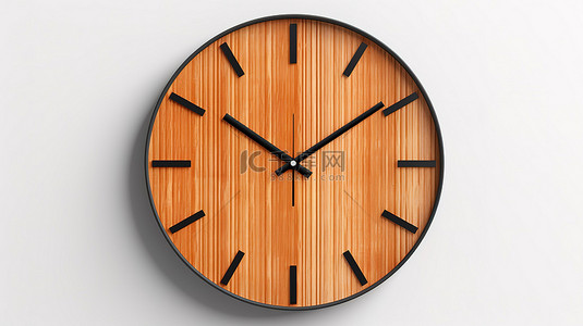 白色背景展示 3D 现代木制圆形时钟手表