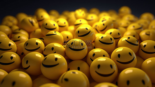 一群欢快的黄色表情符号在 3d 中呈现笑声和咧嘴笑