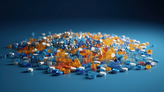 健康体验卡背景图片_蓝色 3D 渲染中的各种药丸片剂和胶囊