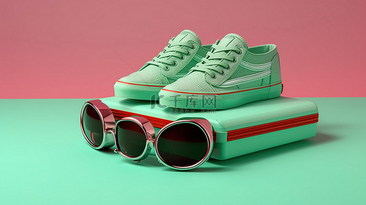 复古运动鞋和薄荷绿红蓝色 3D 眼镜滑板