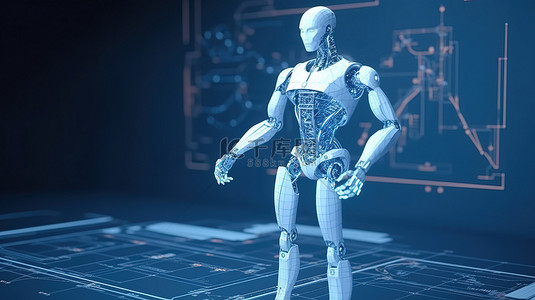 量高刻度线背景图片_具有人工智能和规模的 3d 渲染机器人的蓝色背景蓝图