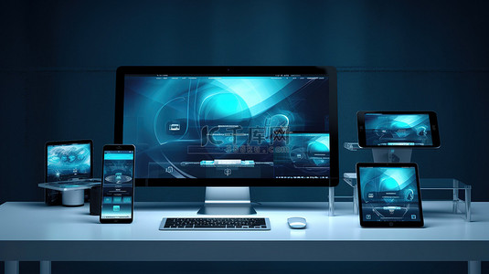 咖啡网站设计背景图片_在蓝色工作室 3D 渲染模型中的设备上显示的响应式网页设计