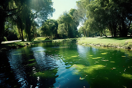 水清澈背景图片_一个有草有树的池塘，水清澈碧蓝