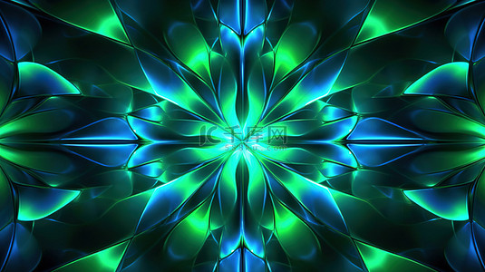 未来派设计 3D 几何花卉图案插图，明亮的绿色和蓝色霓虹灯颜色与闪亮的光束