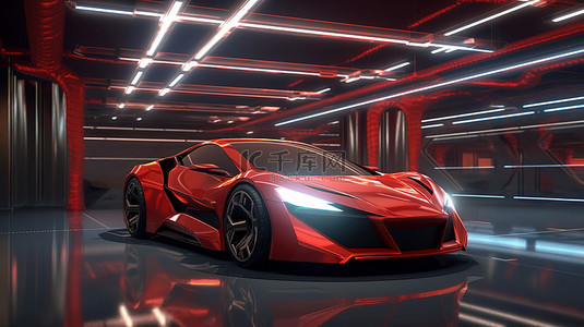 未来派车库的 3D 渲染，配有一辆没有品牌的通用红色跑车