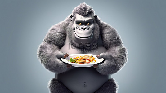 丰满的 3D 大猩猩角色，握着滑稽的盘子