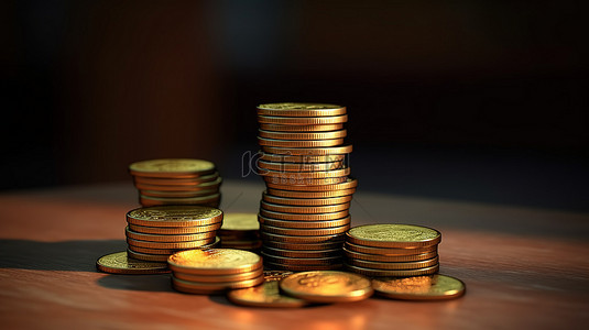 一堆硬币的 3D 渲染标志性硬币现代设计，一枚硬币站在一堆硬币上