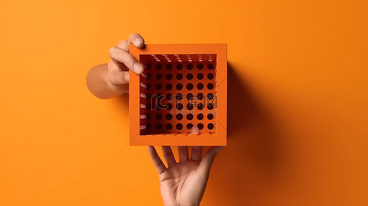生日橙色背景背景图片_用手握住的礼盒，呈 3d 渲染正方形，在鲜艳的橙色背景上切出