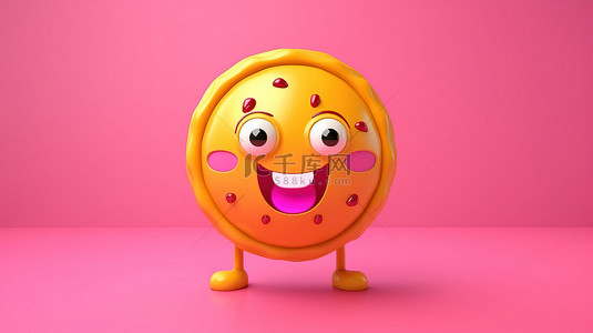 黄色背景吉祥物角色的 3D 渲染，带有大粉色釉面草莓甜甜圈和篮球