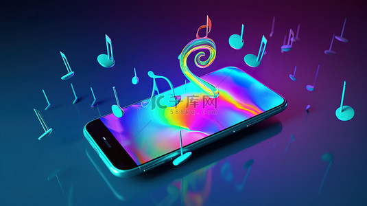蓝色手机背景上彩色音符的 3D 渲染