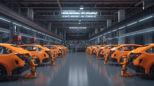 汽车厂背景图片_汽车厂的自动化机器人装配线的 3D 渲染