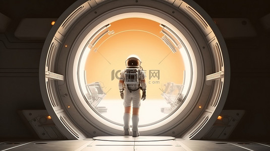 宇宙飞船中孤独的宇航员站在走廊尽头的窗户前 3d 渲染
