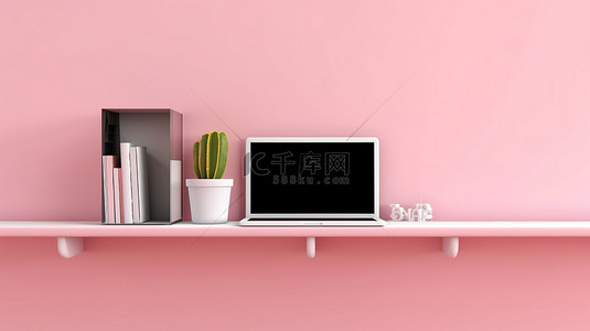 水平横幅的 3D 插图，带有粉红色墙架和数字平板电脑