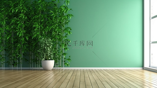 绿墙背景图片_木地板内部与绿墙的 3D 渲染