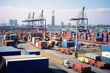 港口贸易背景图片_美因河畔法兰克福集装箱港口场景