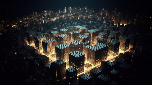 具有 3D 立方体形状和黑暗的未来派夜间城市景观