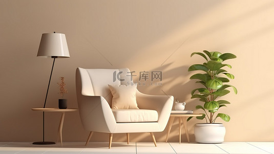 现代白色扶手椅位于舒适的客厅内，配有米色背景 3D 渲染