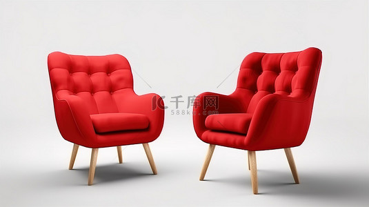 回家红色背景图片_3D 渲染中的当代红色扶手椅在白色背景上与木腿隔离
