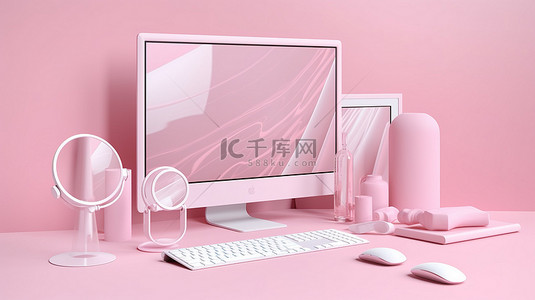 电脑操作系统背景图片_现代最小搜索引擎界面在线浏览器窗口在多个计算机屏幕上的 3d 渲染与操作系统模型白色主题和粉红色柔和背景