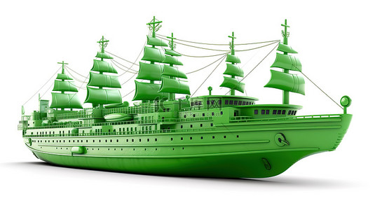 1 一艘生态友好型船舶的插图，白色背景下绿色船舶的 3D 渲染