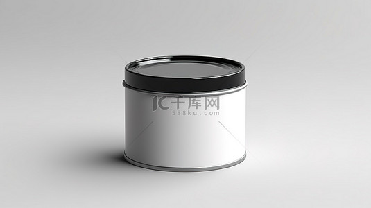 黑色塑料背景图片_白色空白设计中带有黑色塑料盖的金属锡罐包装的 3D 渲染