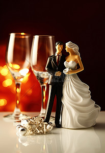 蛋糕平视背景图片_幸福的情侣形象和带结婚礼物的玻璃
