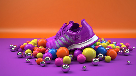 彩色球围绕哑铃跑鞋和橙色毛巾，在 3D 渲染中充满活力的紫色背景