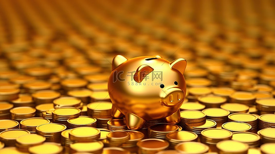 充满金币的存钱罐的 3D 插图，象征着金融储蓄和投资的概念