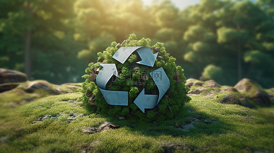 世界各地的回收地球模型装饰着 3D 渲染的回收符号