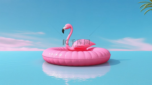 海水边背景图片_夏日乐趣的水边 3D 渲染粉红色火烈鸟漂浮物，非常适合海滩或池畔，并带有复制空间
