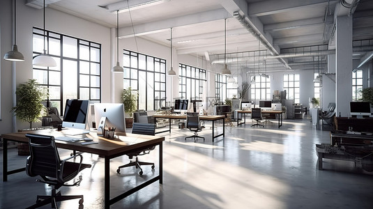 现代办公空间，现代室内设计的 3D 渲染，采用开放式设计和联合办公桌