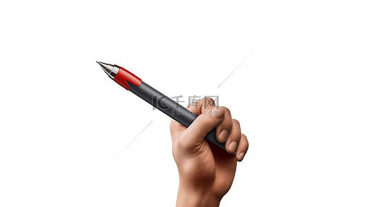 卡通手拿着一支钢笔的 3D 插图隔离在白色背景上