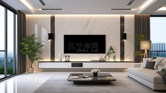 液晶电视背景图片_设计巧妙的现代客厅配有橱柜装饰和 3D 渲染智能电视