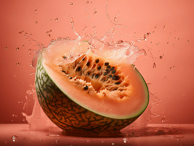 夏季水果美食背景图片_新鲜有机哈密瓜水果水花摄影广告背景