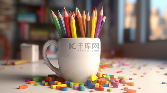 彩色铅笔绘画背景图片_洁净室的 3D 渲染，陶瓷杯装满鲜艳的彩色铅笔