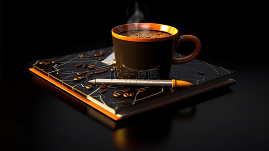 咖啡和笔记用笔记本特写了黑色背景上一杯咖啡的 3D 插图