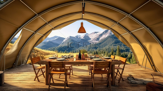 户外用餐区，配有木制帐篷屋顶，以风景秀丽的自然背景 3D 渲染为背景