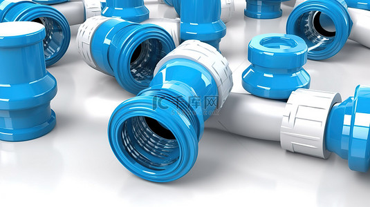 排水建设背景图片_白色背景，带有黄铜水龙头和蓝色 PVC 塑料排水装置的 3D 插图