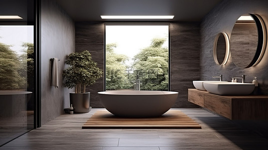 现代宽敞的灰色木质浴室的豪华 3D 渲染，配有令人惊叹的浴缸装饰