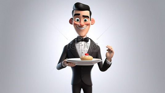 男服务员背景图片_动画服务员招手客人的 3D 插图