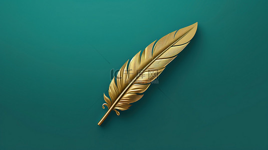 羽毛图标背景图片_福尔图纳金羽毛符号与潮水绿色背景 3D 渲染社交媒体图标以羽毛为特色