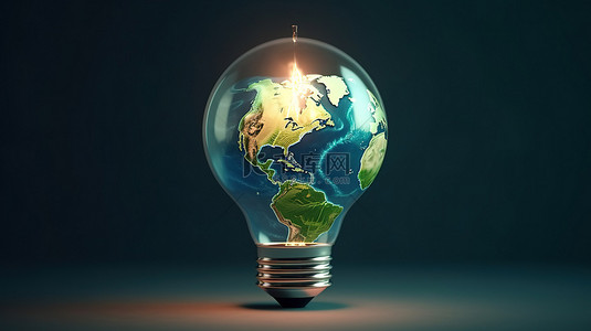 照亮地球以提高生态意识 灯泡的 3D 渲染