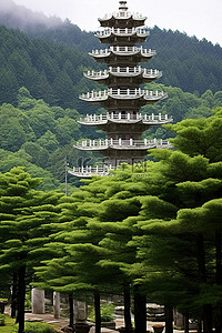 青山上的一座寺庙，有石塔和树木