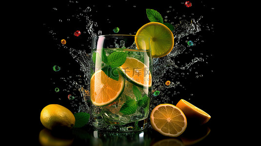 果味薄荷和冰块层叠到玻璃杯中，深色背景上有鸡尾酒，鸡尾酒概念的迷人 3D 渲染