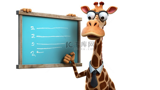 气球的卡通动物背景图片_有趣的长颈鹿，有 3D 扭曲，拿着黑板